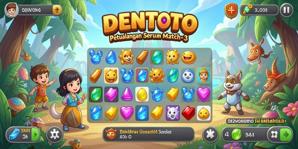 Tangkapan layar utama DENTOTO menunjukkan gameplay Match-3 yang seru.