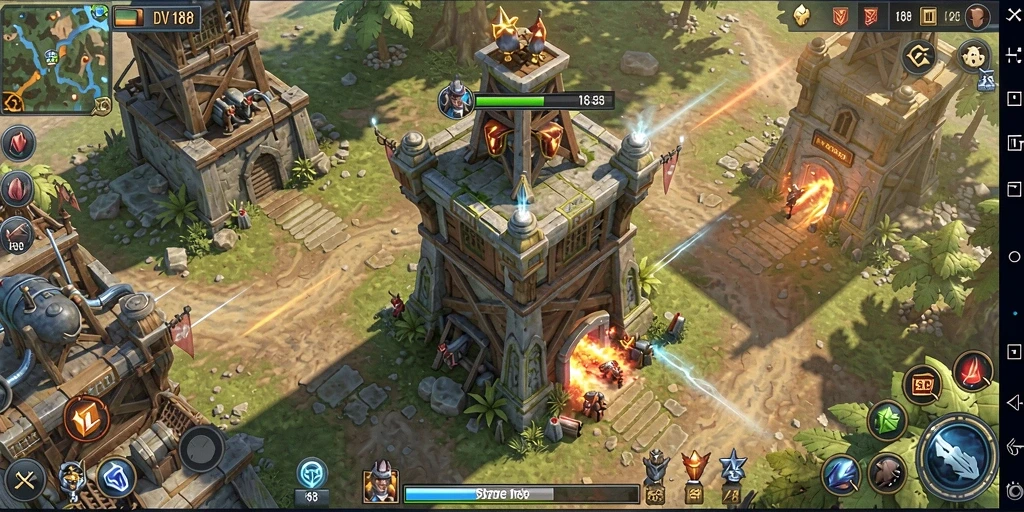 Screenshot gameplay menunjukkan menara bertahan dengan strategi yang cerdik.