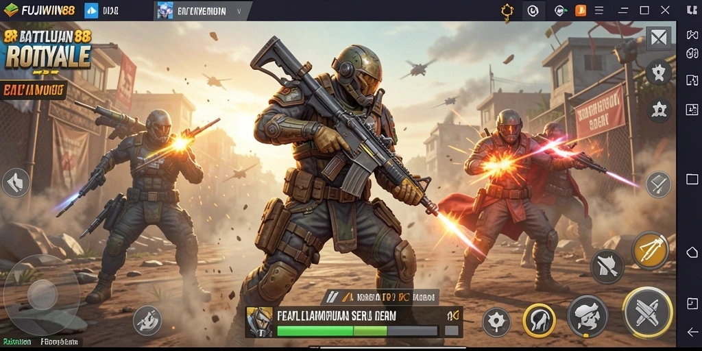 Screenshot utama FUJIWIN88 menampilkan aksi pertempuran intens di arena Battle Royale.