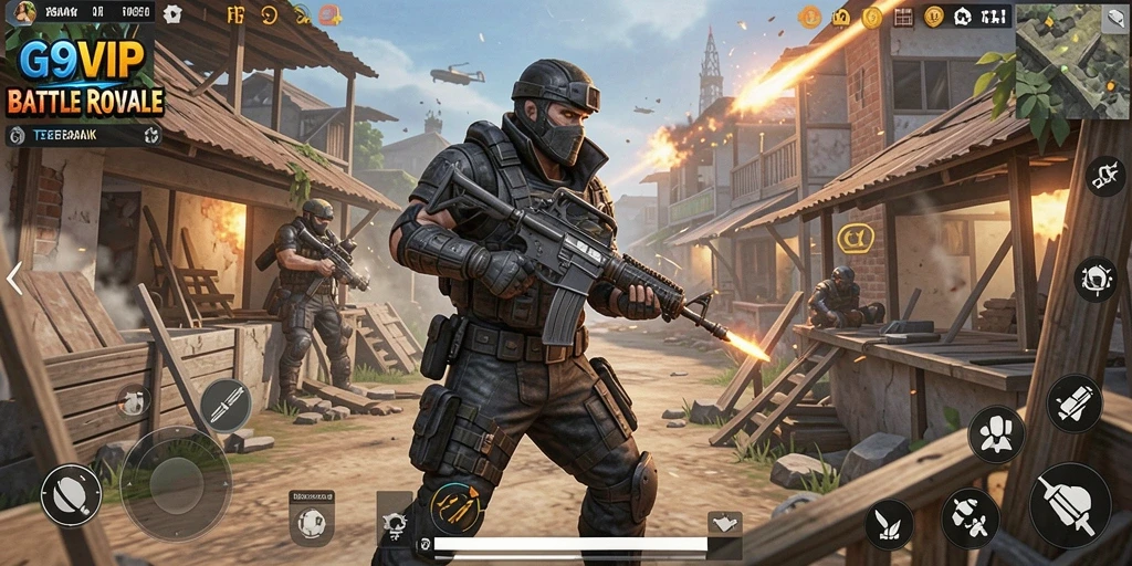 Tampilan gameplay G9VIP yang mendebarkan dalam pertempuran Battle Royale.