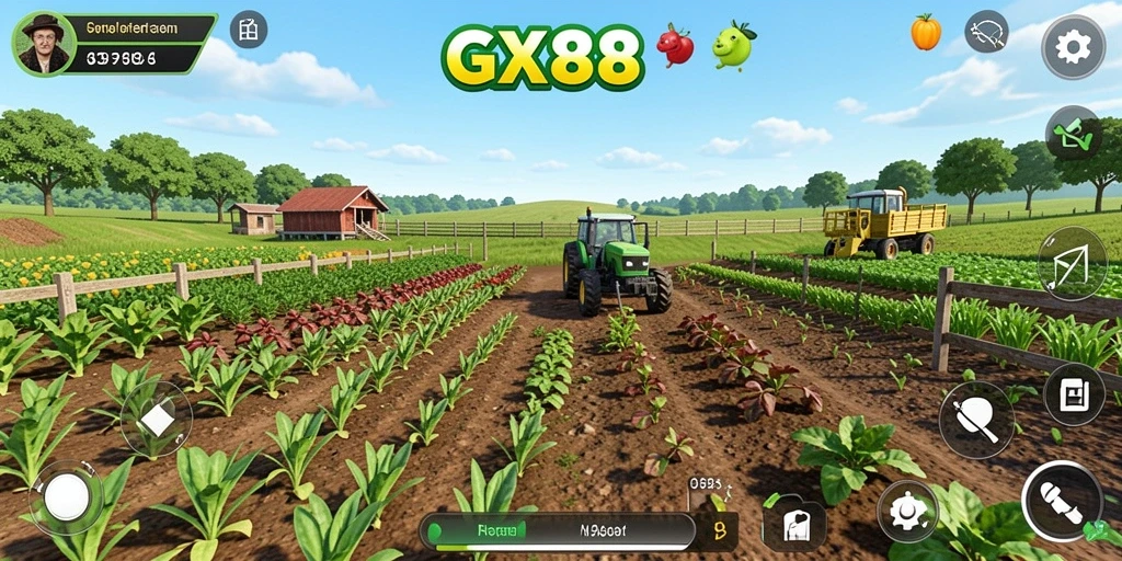 Tampilan gameplay menarik dari GX88 dengan aktivitas pertanian yang seru.