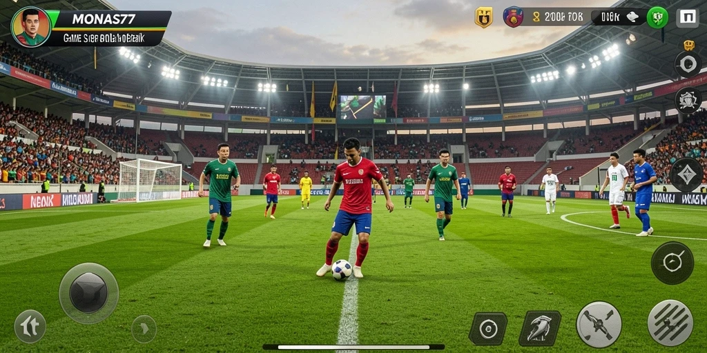 Tampilan gameplay MONAS77 dengan aksi seru di lapangan sepak bola.