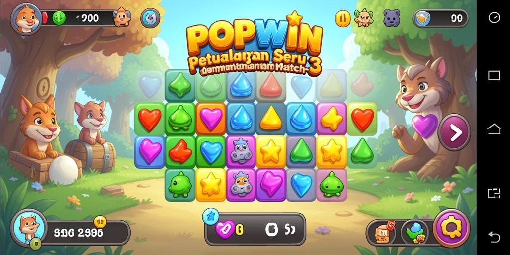 Screenshot gameplay POPWIN menunjukkan tindakan mencocokkan karakter yang seru.