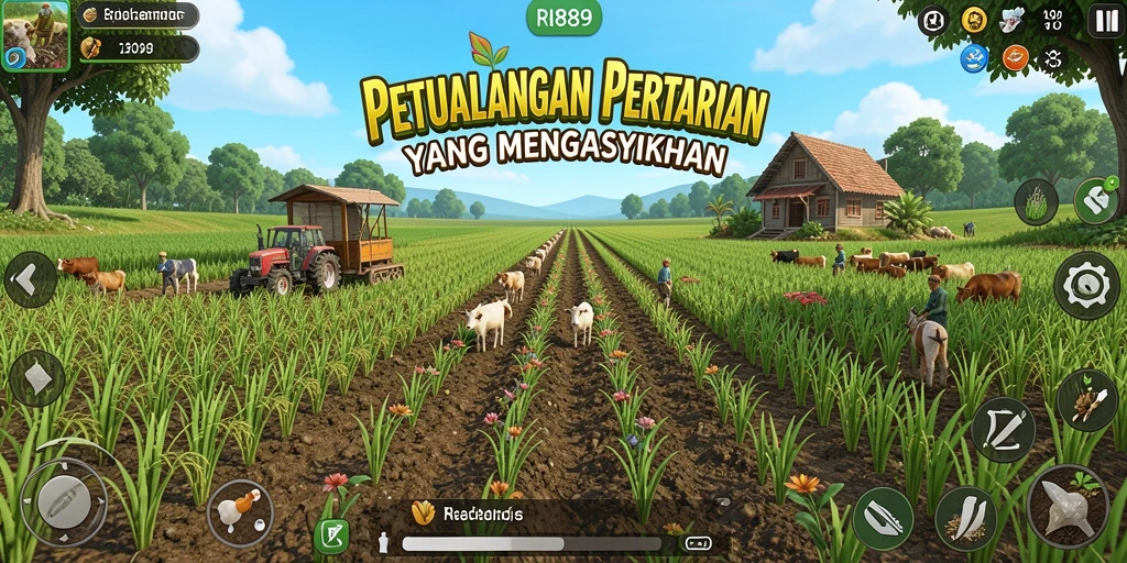 Screenshot utama menunjukkan gameplay menarik dalam bertani.