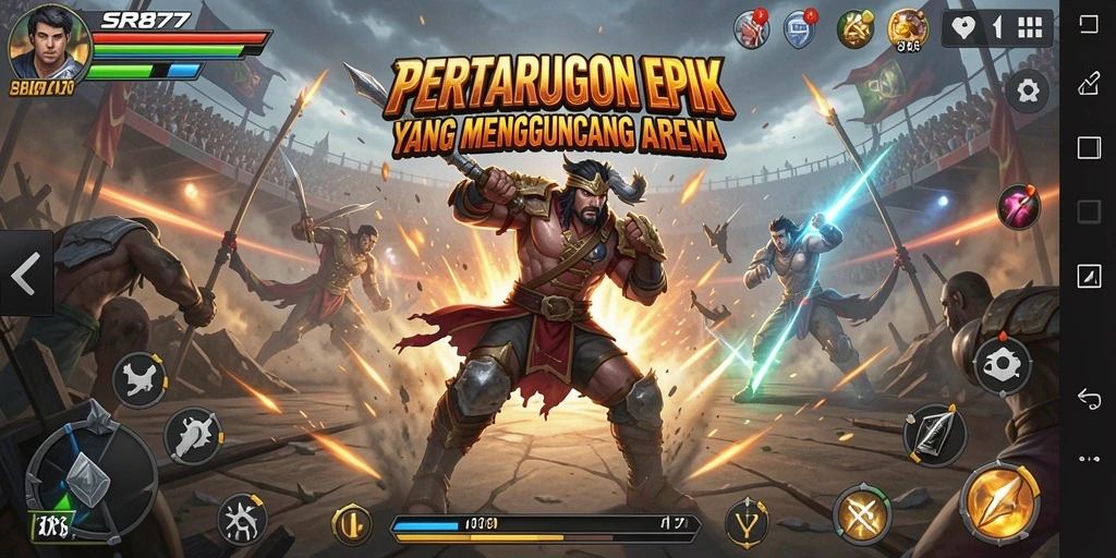 Screenshot SR877 menampilkan karakter bertarung dengan latar belakang arena yang menegang.